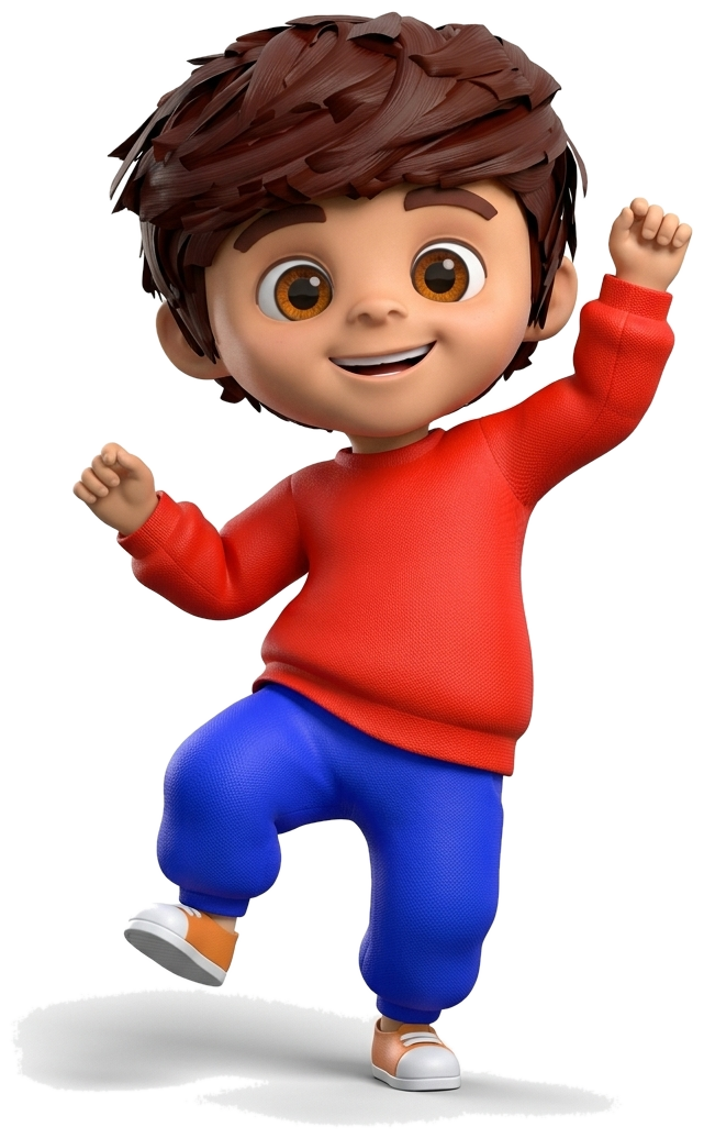 3D animated cartoon boy BOBO dancing happily in red sweater and blue pants