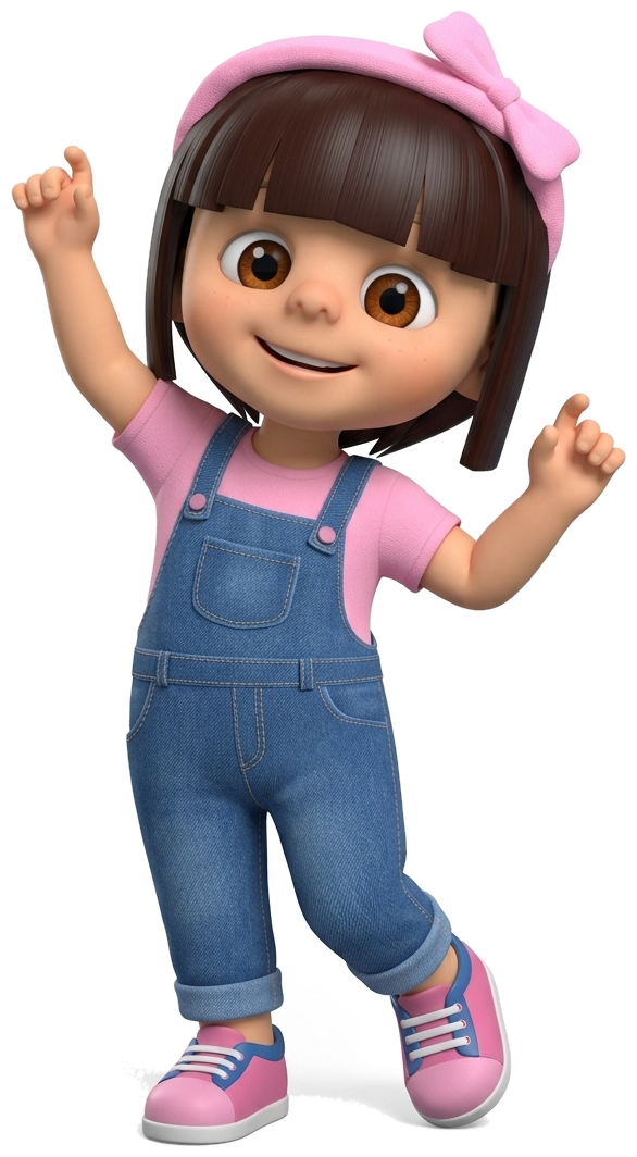 3D animated cartoon girl ZIA dancing joyfully with pink bow headband and denim overalls